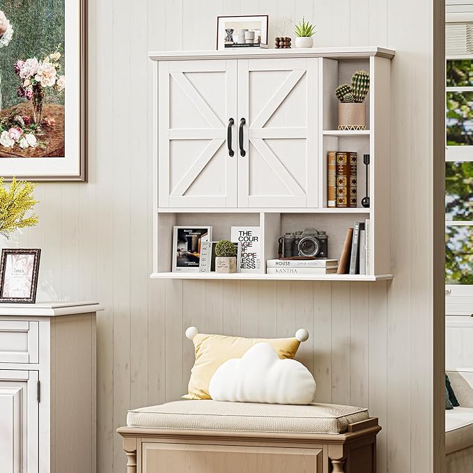 Vabches Bathroom Wall Cabinet, Farmhouse Medicine Cabinet with Double Barn Door and Adjustable Wood Shelf, Over The Toilet Storage Cabinet for Wall Mounted for Bathroom Laundry Room Kitchen (White)
