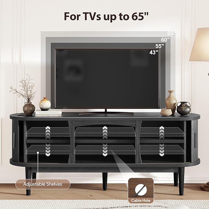 Decofy Mid Century TV Stand for TVs up to 65 Inches, Entertainment Center with Storage, Power Outlet, Fluted Sliding Doors & Adjustable Shelves, Modern Media TV Console Table for Living Room (Black)
