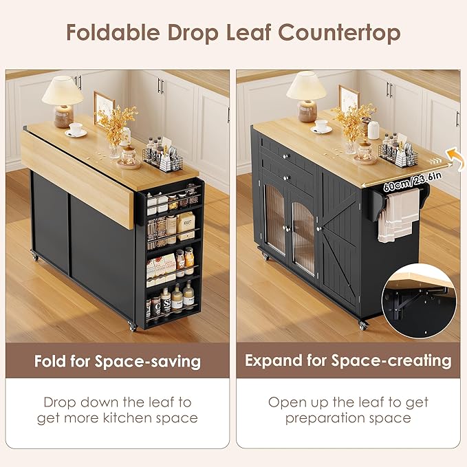 FINETONES Kitchen Island with Storage, Rolling Kitchen Island on Wheels with Wood Drop Leaf Countertop, Island Table Bar Cart with Spice Towel Rack Portable Kitchen Table Kitchen Carts on Wheels