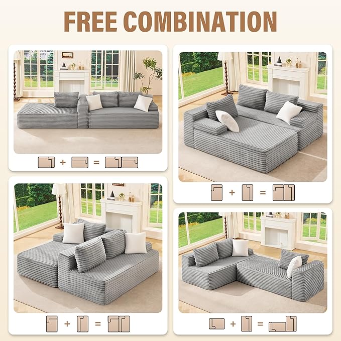Hobestluk Modular Sectional Sofa Boneless Couch L-Shape Couch 3 Seat Modular Couch Memory Foam Sectional Couches for Living Room Furniture, Cloud Couch with Chaise Lounge (96" Left Facing Chaise)