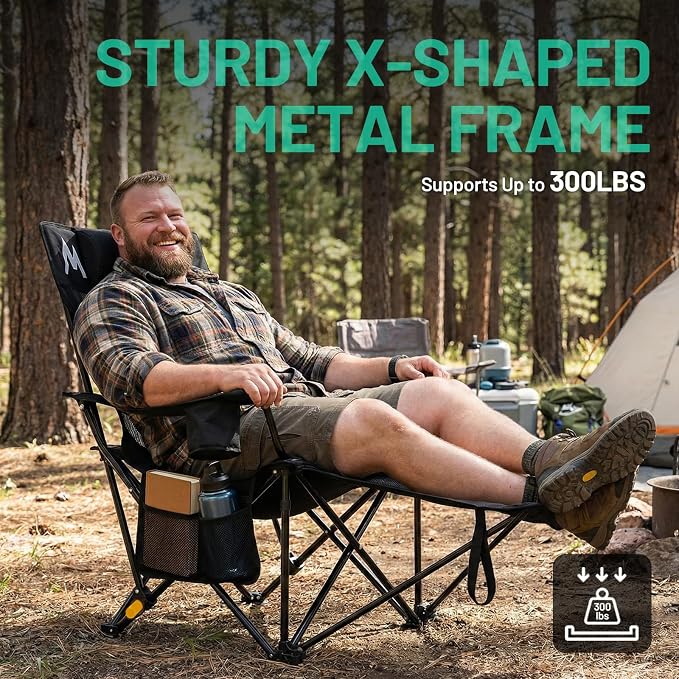 Overmont Reclining Camping Chair with Footrest - 4-Position Adjustable Backrest Lightweight Folding Lounge Chair for Adults with Pillow Carry Bag - Support 300LBS Portable for Outdoor Beach Lawn Patio
