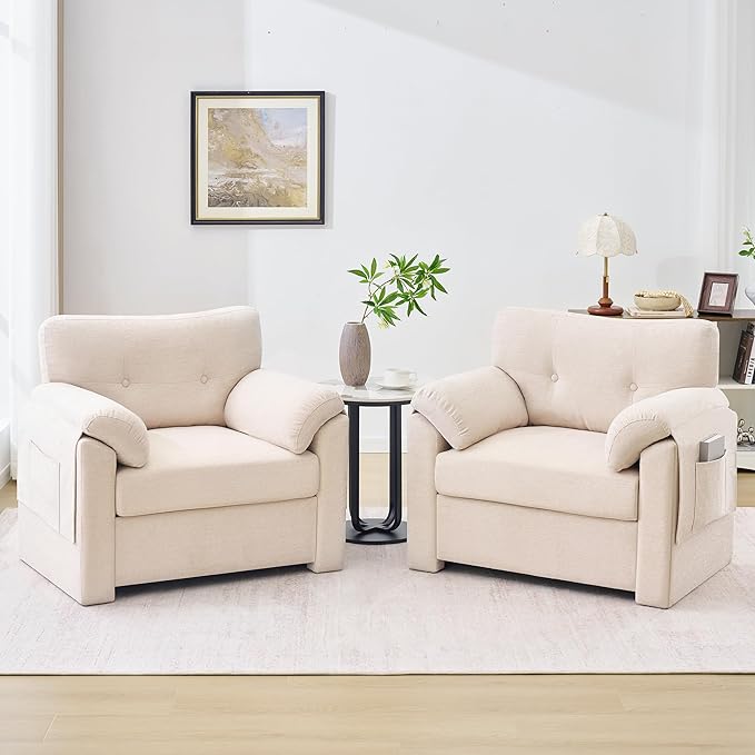 Howjoe Chenille Oversized Armchair, 37.8" Wide Accent Chairs for Living Room & Bedroom Modern Lounge Chair, Upholstered Mid-Century Reading Chair with Arm Pocket, Comfy Living Room Chair, Beige