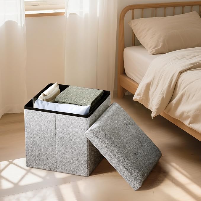 Storage Ottoman Bench, 15 Inch Ottoman Foot Rest, End of Bed Bench, Storage Chest for Living Room, Bedroom, Entryway, Light Gray
