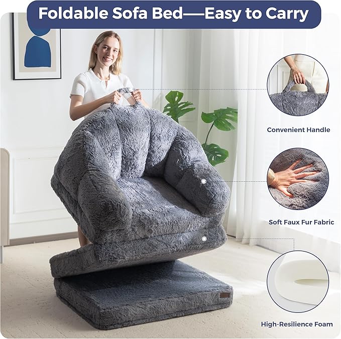 MAXYOYO Folding Sofa Bed, 2 in 1 Convertible Sofa to Lounger Comfy Single Bean Bag Chair for Adults, Floor Sleeper Couch with Handle, Faux Fur Couch Bed for Living Room Bedroom, Grey