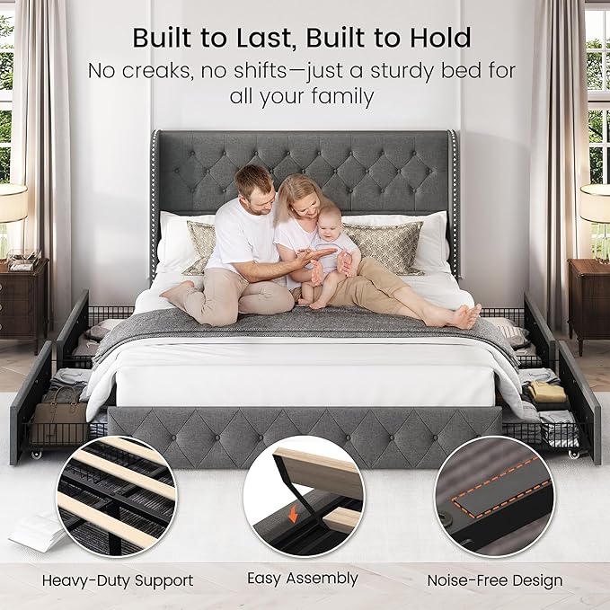 LARMACE Upholstered King Size Bed Frame with 4 Storage Drawers and 47.2" Tall Wingback Headboard Tufted Platform Bed Frame Linen Beds with Wooden Slats Support, Easy Assembly, Light Grey