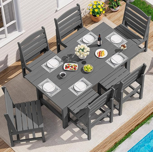 SERWALL Patio Dining Sets for 6 Person, HDPE Dining Set with 6 Armless Chairs, Gray
