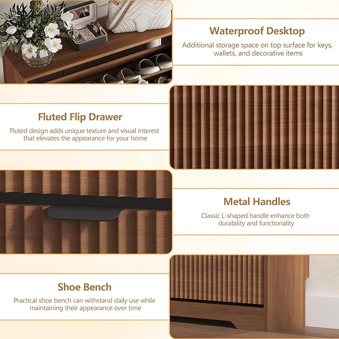 Shoe Cabinet Storage for Entryway with 3 Flip Drawers, Walnut Fluted Shoe Cabinet with Adjustable Shelves, Wooden Hidden Shoe Rack Freestanding Narrow Slim Shoes Storage for Hallway, Entrance
