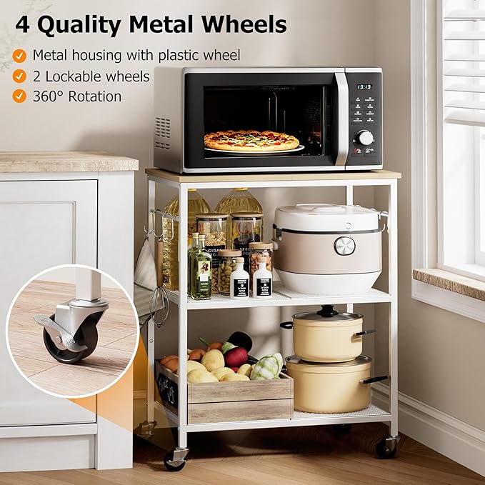 Homleke 3-Tier Rolling Kitchen Microwave Cart, Kitchen Utility Cart on Lockable Wheels, Coffee Bar Table Station with 6 S-Shaped Hooks, Small Appliance Storage Shelf, White and Natural
