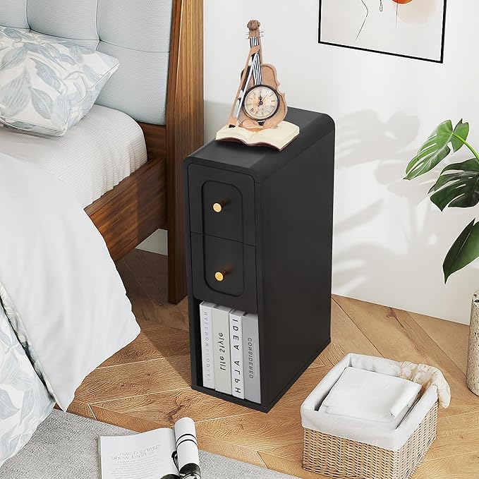 Narrow Nightstand with 2 Drawers, Small Bedside Tables, Mid-Century Modern Slim Night Stand with Storage, Wooden End Table for Small Spaces, Bedroom, Living Room (Black-1PCS)