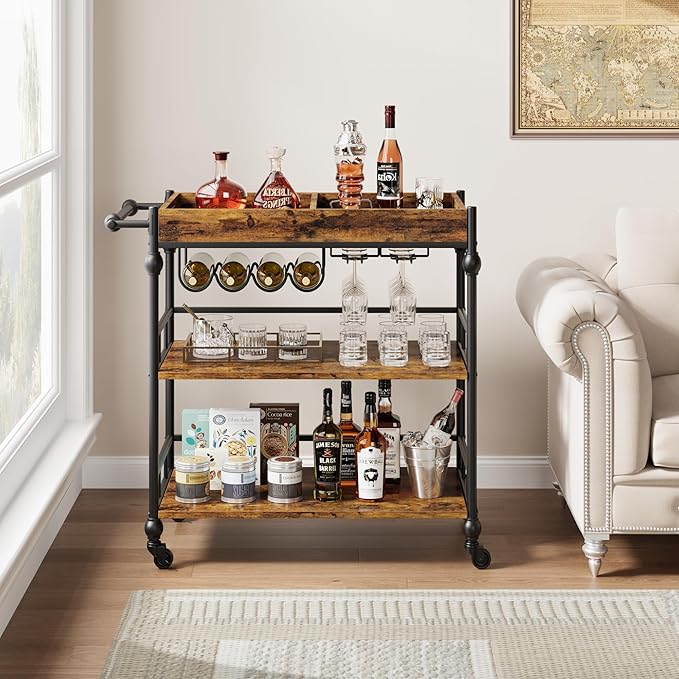 3-Tier Bar Cart with Wheels, Mobile Rolling Beverage Cart with Wine Rack, Glass Holder & Removable Top Tray, Serving Cart, Retro Trolley for Kitchen, Dining Room, Living Room, 35.4" x 15.7" x 34.1"