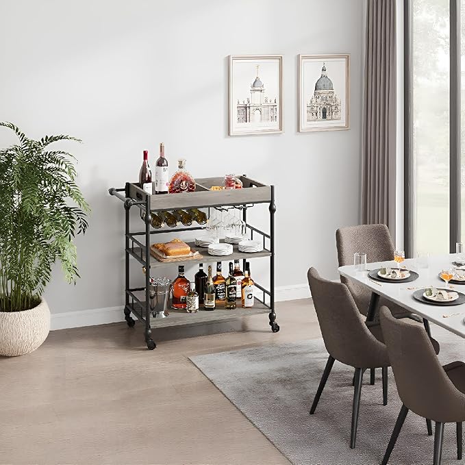 3-Tier Bar Cart with Wheels, Mobile Rolling Beverage Cart with Wine Rack, Glass Holder & Removable Top Tray, Serving Cart, Retro Trolley for Kitchen, Dining Room, Living Room, 35.4" x 15.7" x 34.1"