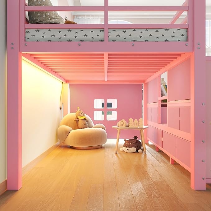 Bellemave Twin Size Loft Bed with 8 Non-Woven Fabric Storage Drawers and Bookshelf, Low Loft Bed with Lights and Private Play Curtain, Twin Loft Beds with High Rails, Noise Reduced Pink
