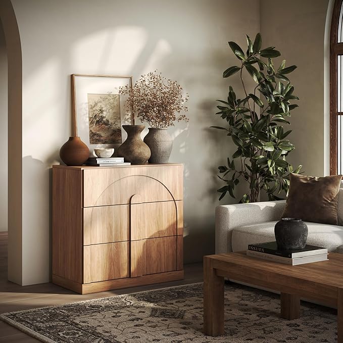 BELLEZE Sideboard Cabinet with 3 Drawers, Modern Wood Buffet Cabinet with Arc Design, Large Fluted Sideboard with Storage for Dining Room Living Room Entryway, Camel