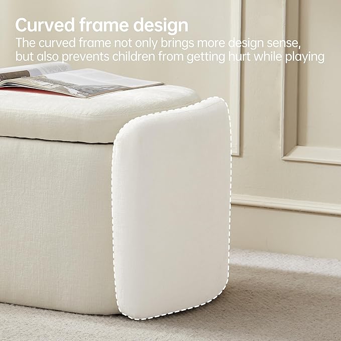 VKNOW 46" Oval Storage Ottoman Bench, Upholstered End of Bed Bench Ottomans Bench Foot Rest, Sherpa Storage Bench for Bedroom, Living Room and Hallway, Beige