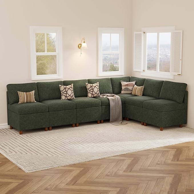 SITJOY Breakfast Nook Bench with Storage, Modular Corner Kitchen Banquette Seating, Dining Settee Couch, Upholstered Dining Bench with Back, Soft-to-Touch Fabric in Green, 7-Seat L Shaped Nook