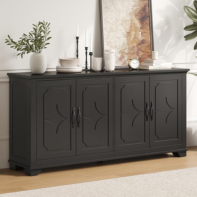 ONBRILL 63 Inch Buffet Cabinet with Storage, Large Sideboard Cabinet with 4 Carved Doors, Modern Credenza Storage Cabinets w/Adjustable Shelves for Kitchen, Living Room, Black