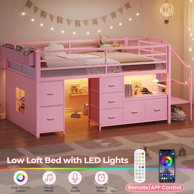 ADORNEVE Low Loft Bed Twin Size with Stairs,7 Drawers, Bookcase and LED Lights, Metal Kids Loft Bed with 14" H Safety Guardrail,Inclined Ladder and Play Curtain, Under-Bed Play Space, Pink
