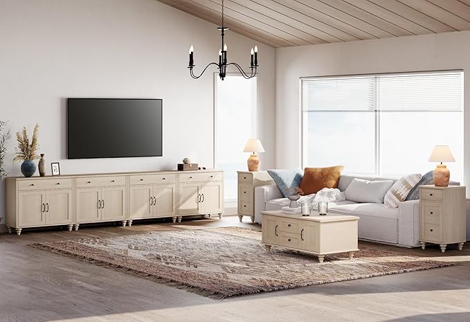 WAMPAT Buffet Cabinet with 8 Doors and 4 Drawers, Large Coffee Bar Table Wood Kitchen Storage Cabinets with Storage, Modern Farmhouse Sideboard Credenza for Dining Room, Beige, 136 inch