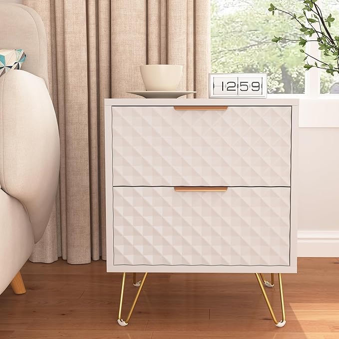 White Night Stand Set of 2, Modern Double Bedside Table with 2 Drawers Storage for Bedroom, Wood End Side Table with Gold Legs for Living Room