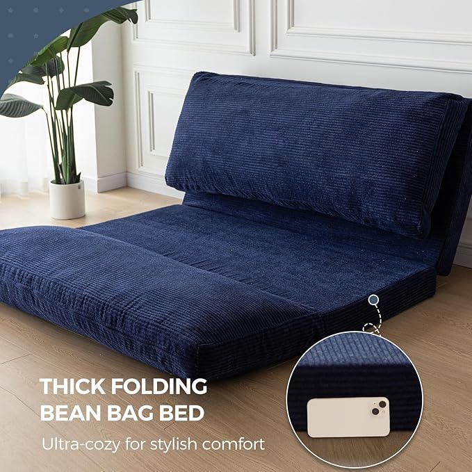 MAXYOYO Folding Sofa Bed, Extra Thick and Long Floor Sofa Convertible Sleeper Chair with Washable Cover, Floor Couch Lounge Bean Bag Bed for Living Room, Navy, 54x95 Inch
