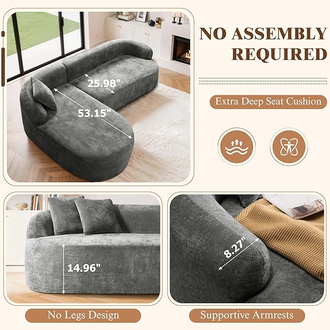 99" Curved Sectional Sofa with Chaise, Modern Boneless Couch with Deep Seat, L Shaped 3-Seater Cloud Couch for Living Room, No Assembly Needed, Chenille (Gray, Left Chaise+Right Sofa)