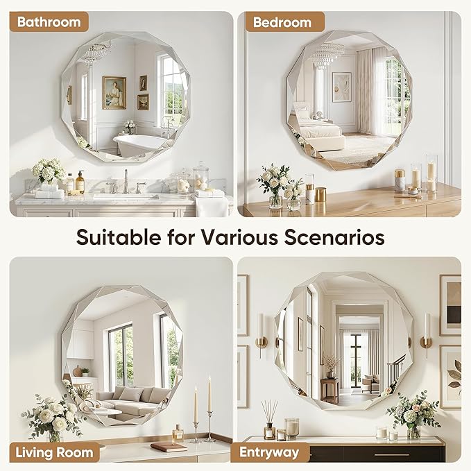 Suidia Bathroom Mirror, 20"x 20" Wall Mirror, Frameless Bathroom Mirror with Beveled Edge for Bedroom, Living Room, Entryway, Hallway, Round Shape