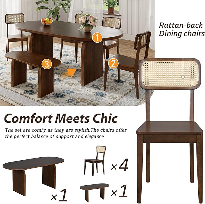 Merax 6 Pieces Modern Dining Set for 6, 71" Oval Rubberwood Dining Table with Bench and 4 Rattan Backrest Chairs for Dining Room, Living Room, Kitchen, Brown