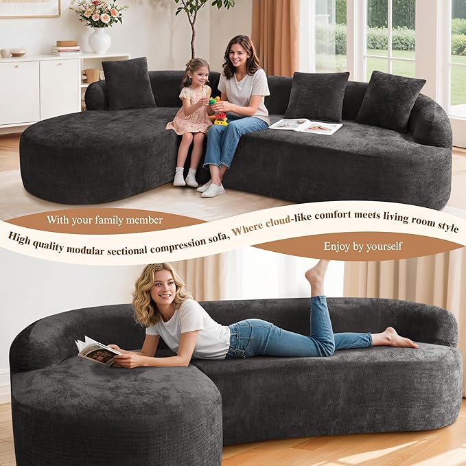 99" Curved Sectional Sofa with Chaise, Modern Boneless Couch with Deep Seat, L Shaped 3-Seater Cloud Couch for Living Room, No Assembly Needed, Chenille (Black, Left Chaise+Right Sofa)