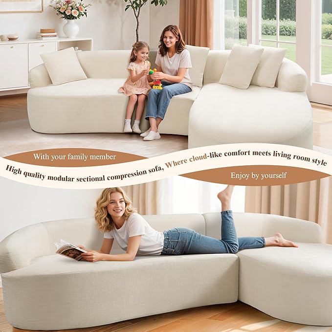 99" Curved Sectional Sofa with Chaise, Modern Boneless Couch with Deep Seat, L Shaped 3-Seater Cloud Couch for Living Room, No Assembly Needed, Chenille (Beige, Right Chaise+Left Sofa)