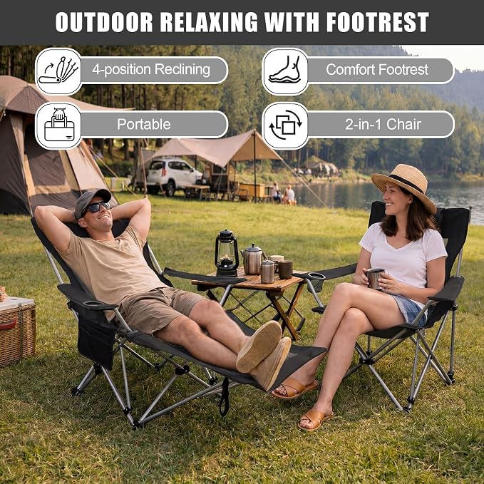 Colingmill 2 Pcs 2 in 1 Reclining Camping Chair with Footrest for Adults Folding Lounger Mesh Beach Chair Adjustable Backrest Lightweight Lawn Chairs for Camping Tailgates Outdoor Beach(Black)