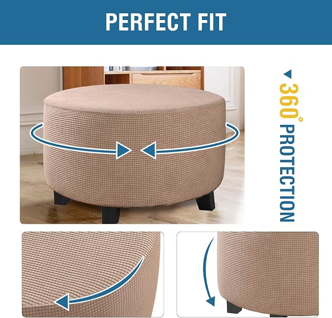 H.VERSAILTEX Ottoman Cover Stretch Ottoman Slipcover Round Ottoman Storage Cover Folding Stool Covers Furniture Protector Cover for Footrest Ottoman Fit Dia 30" - 41", Sand