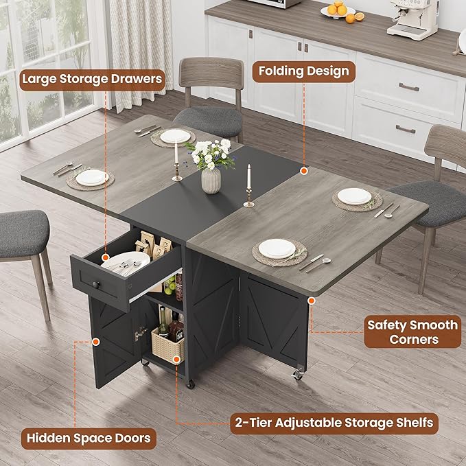 Jocoevol Folding Dining Table for Small Spaces, Space Saving Foldable Kitchen Table with Drawer & Storage Shelf, Rolling Drop Leaf Dining Table with Wheels for Dining Room (Grey 47.2" x 23.6" x 29.5")