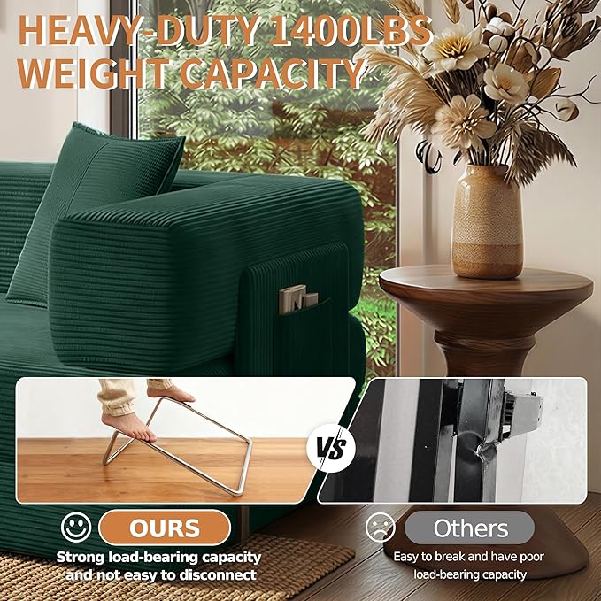 78.8" Convertible Sofa Bed with Armrest Pillow, 4-in-1 Sleeper Couch Bed for Livingroom, Modular Corduroy Boneless couches, No Assembly (Emerald Green)