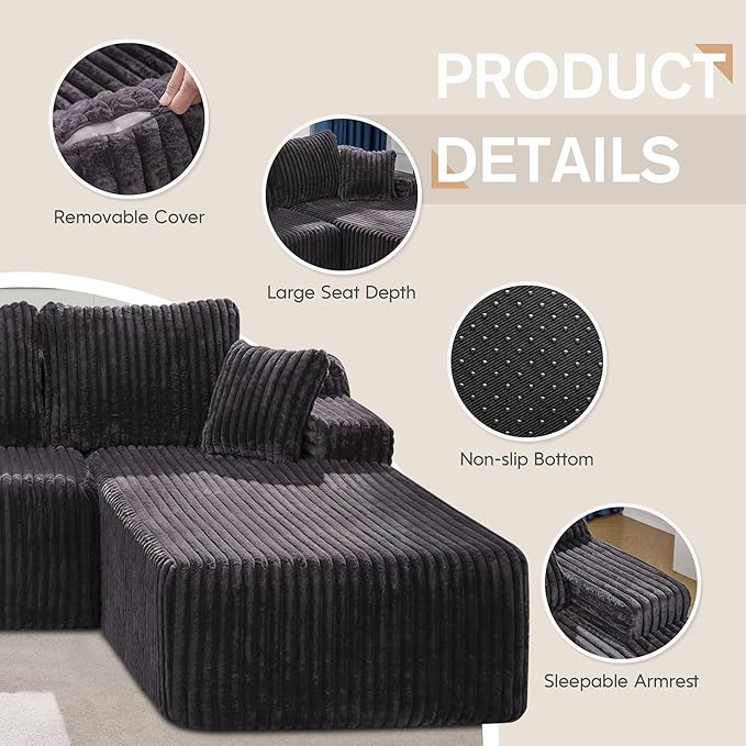 Hobestluk Modular Sectional Sofa Boneless Couch L-Shape Couch 3 Seat Modular Couch Memory Foam Sectional Couches for Living Room Furniture, Cloud Couch with Oversized Chaise (108" Right Facing Chaise)