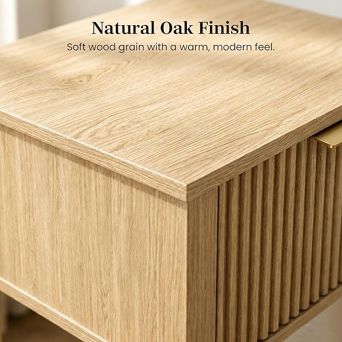 Modern Fluted Small Wood Nightstand, 11.8" Deep x 15.4" Narrow Bedside Table with Drawer & Open Shelf, Boho Scandinavian Accent End Table for Bedroom & Sofa - Oak