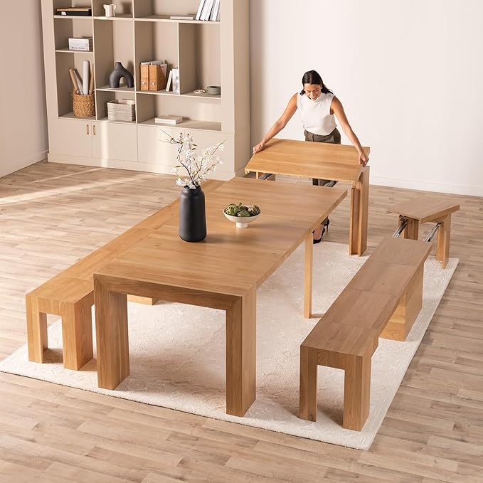 Transformer Table - Solid Wood Extendable Dining Table with 2 Benches, Seats 2-12, Expandable Table, Space-Saving Furniture, Expandable Furniture, Scandinavian Oak, Natural Finish (Table + 2 Benches)