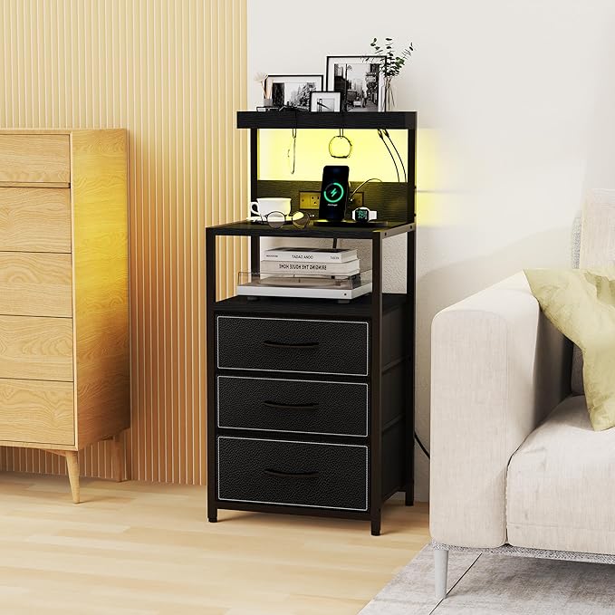 SZLHANJZ LED Nighstand with Charging Station, Night Stand with 3 Drawers and LED Lights, Storage Side Table with 3 Shelf and Hooks, Bedroom End Table for Bedside, Modern Black