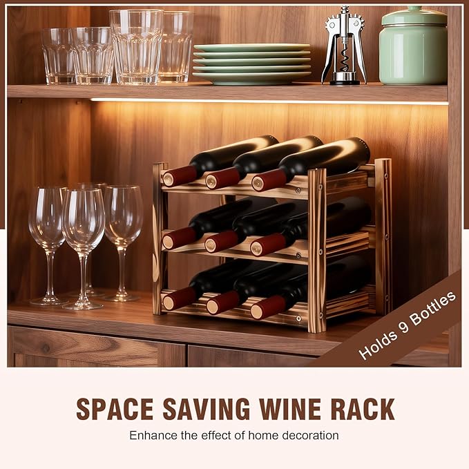 9-Bottle Wooden Wine Rack – 3-Tier Tabletop Countertop Space-Saving Wine Holder with Screwdriver Included, Easy Assembly Wine Storage Shelf for Kitchen, Bar, Pantry & Home Decor