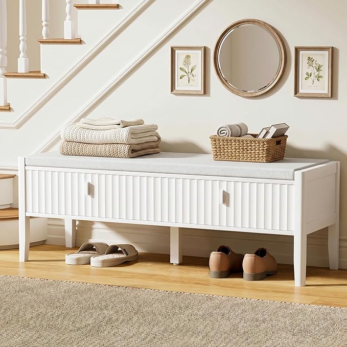 Furniway White Fluted Shoe Bench with 2 Drawers, Entryway Storage Bench with Thick Padded Cushion Seat, Open Bottom Shoe Storage Shelf for Hallway, Living Room, Bedroom, 47.2" W