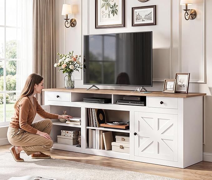 YITAHOME 70" Farmhouse TV Stand for 75/80 Inch TVs, Entertainment Center with Drawers, Adjustable Shelves & Built-in Power Outlet, Stable Anti-Tip TV Console Cabinet for Living Room, White+Walnut Top