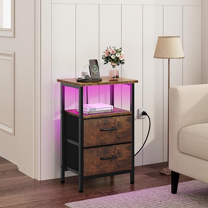 Vagusicc Nightstands Set of 2 Charging Station, End Tables with LED Lights, Bedside Table with 2 Fabric Drawers & Storage Shelves, 24.2" Tall Side Table Night Stand Set 2 for Bedroom, Rustic Brown