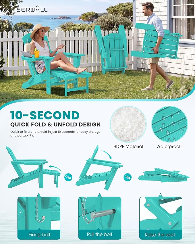 SERWALL Folding Adjustable Adirondack Chairs with Footrest Set of 4, HDPE Outdoor Chair with 4-in-1 Cup Holders, All Weather Adirondack Chair with Ottoman, Aruba