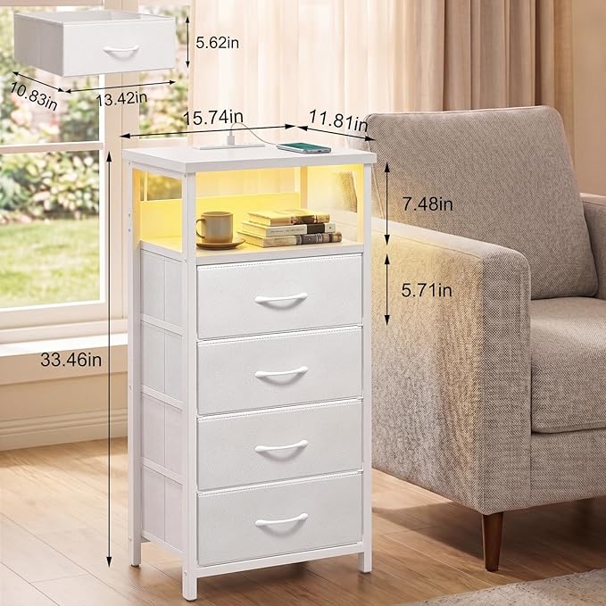 Fixwal Tall Nightstand with Charging Station, Night Stand with U-S-B Ports and Outlets, 4 Fabric Storage Drawers with PU Finish, Small Dresser Bed Side Table, White