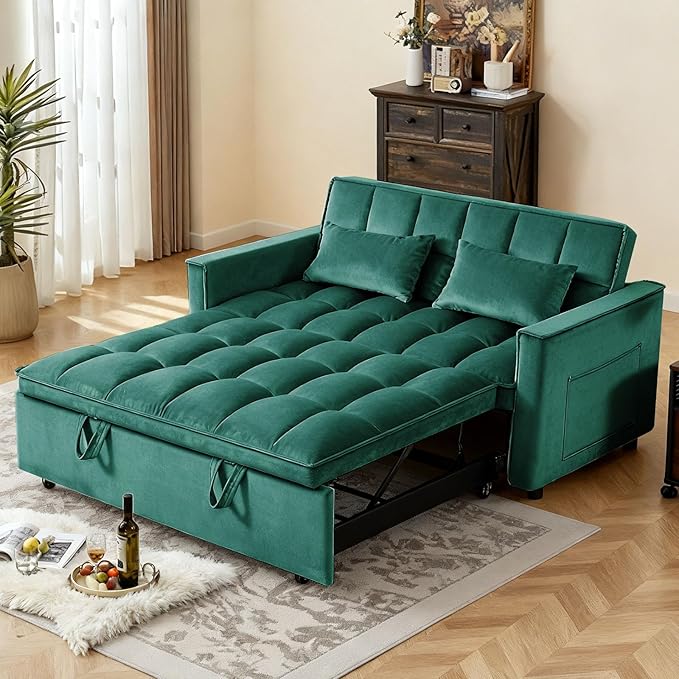 Convertible Sofa Bed, Pull Out Couch with Side Pockets, 3 in 1 Velvet Fabric Loveseat Sleeper Sofa Bed, Pull Out Couch with Adjustable Backrest for Living Room, Bedroom, Apartment, Green