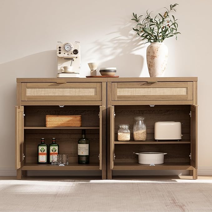 SICOTAS Sideboard Buffet Cabinet Set of 3, Rattan Credenza Storage Cabinet, Boho Buffet Table Console Cabinets with Drawer, Farmhouse Coffee Bar for Living Room, Natural Oak