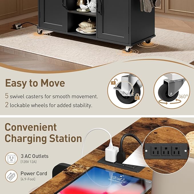 RALGEND Kitchen Island with Power Outlets & Drop Leaf, Kitchen Cart with Storage, Drawer and Spice Rack, Tower Rack, Island Table, Black and Rustic Brown