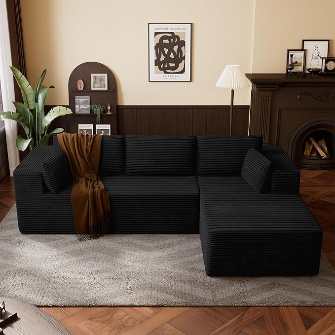 106" Cloud Sectional Boneless Couches for Living Room, Modular L Shaped Couch with Deep Seat Oversized Right Facing Chaise, Memory Foam Compressed Spineless 3 Seater Sofa for Apartment, Black