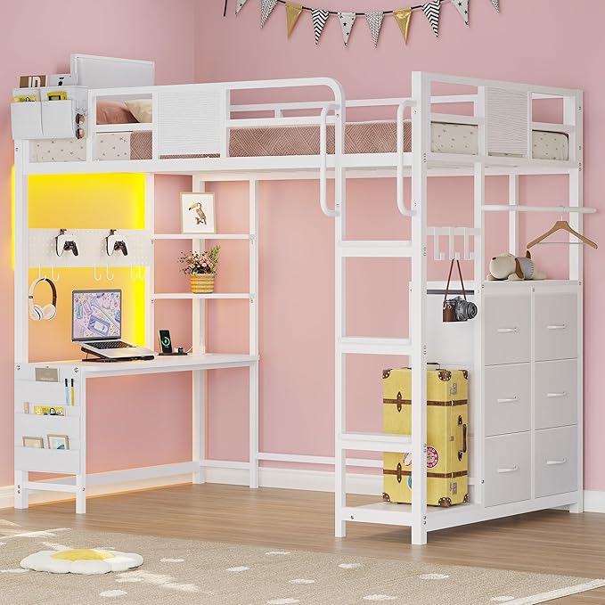BYSAUD Loft Bed with Desk, Loft Bed Twin Size with 6 Storage Drawers & 4 Storage Shelves,Twin Loft Beds with LED Lights & Charging Station, Bunk Bed with Safety Guard, No Box Spring Needed, White
