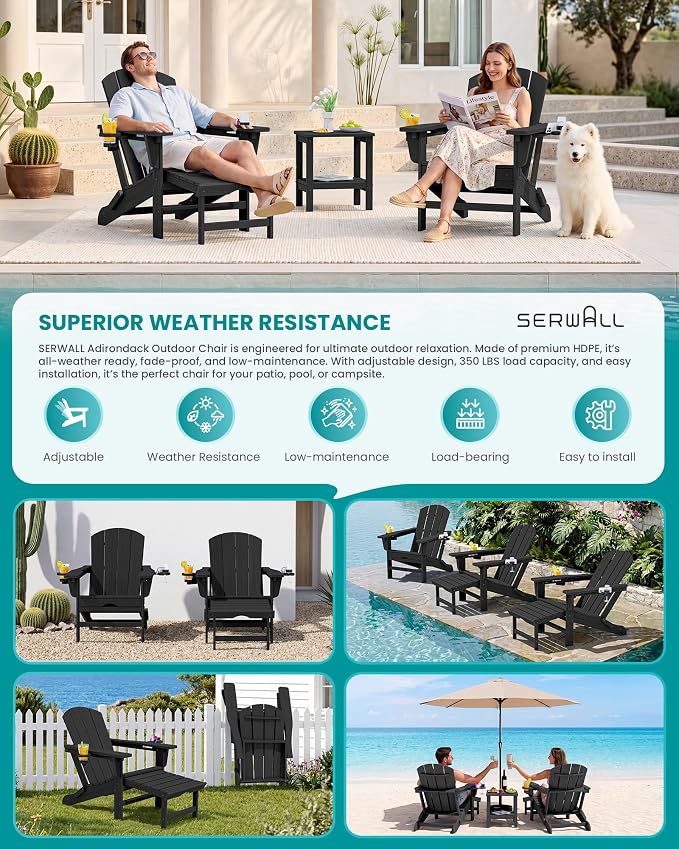 SERWALL Folding Adjustable Adirondack Chairs with Footrest Set of 2, HDPE Outdoor Chair with Dual Cup Holders, All Weather Adirondack Chair with Ottoman, Black