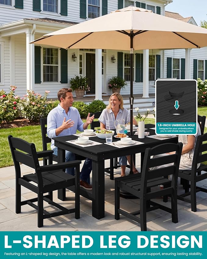 SERWALL Outdoor Dining Table Set, 67‘’ HDPE Patio Dining Set for 6, Wood-Like All-Weather Outdoor Table and Armless Chairs Set for Lawn, Black